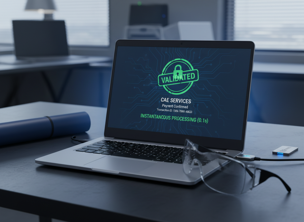 A minimalist laptop on a dark matte desk displaying a secure payment confirmation screen for CAE services, with a large green validated stamp, transaction ID, and instantaneous processing time highlighted. Around the laptop, subtle visual cues of technical work include a rolled blueprint tube, a USB security token, and a pair of safety glasses resting beside the trackpad, all carefully arranged. The scene is lit by a combination of cool overhead office light and a faint blue glow from the laptop screen, adding depth to the metallic surfaces. Photographic realism, eye-level view with the laptop centered in the frame and the background fading softly out of focus. The mood is confident, efficient, and trustworthy, emphasizing rapid, reliable online payments linked to energy efficiency projects.