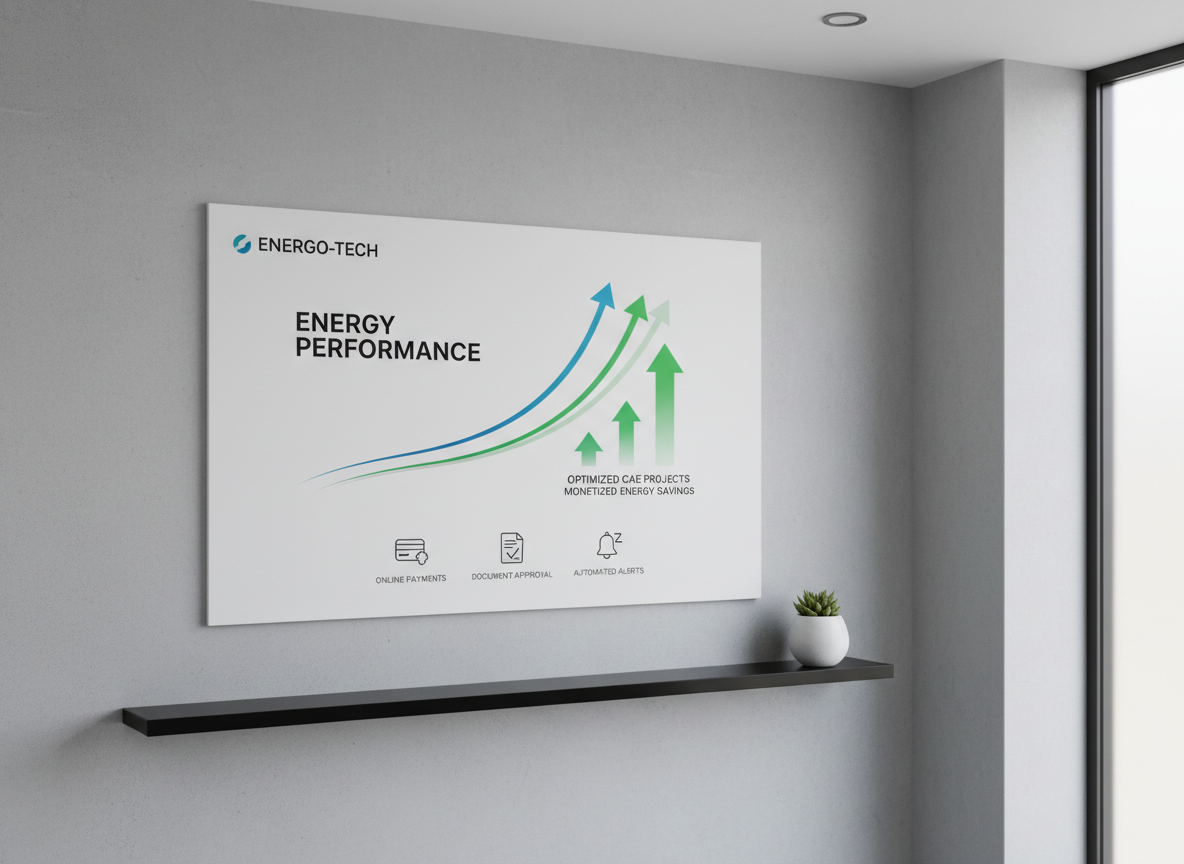 A stylized energy performance chart printed on a rigid, matte white board mounted on a smooth concrete wall, with green arrows rising to symbolize optimized CAE projects and monetized energy savings. Below the main graph, small, crisp icons represent online payments, document approval, and automated alerts. The space is a contemporary technical office corner with a floating black shelf and a single, understated potted plant for a touch of life. Indirect ceiling lighting and soft daylight through a frosted window combine to produce an even, shadow-free illumination. Photographic realism with a straight-on composition and sharp focus, creating a calm, analytical atmosphere suitable for a professional engineering and technical office brand.