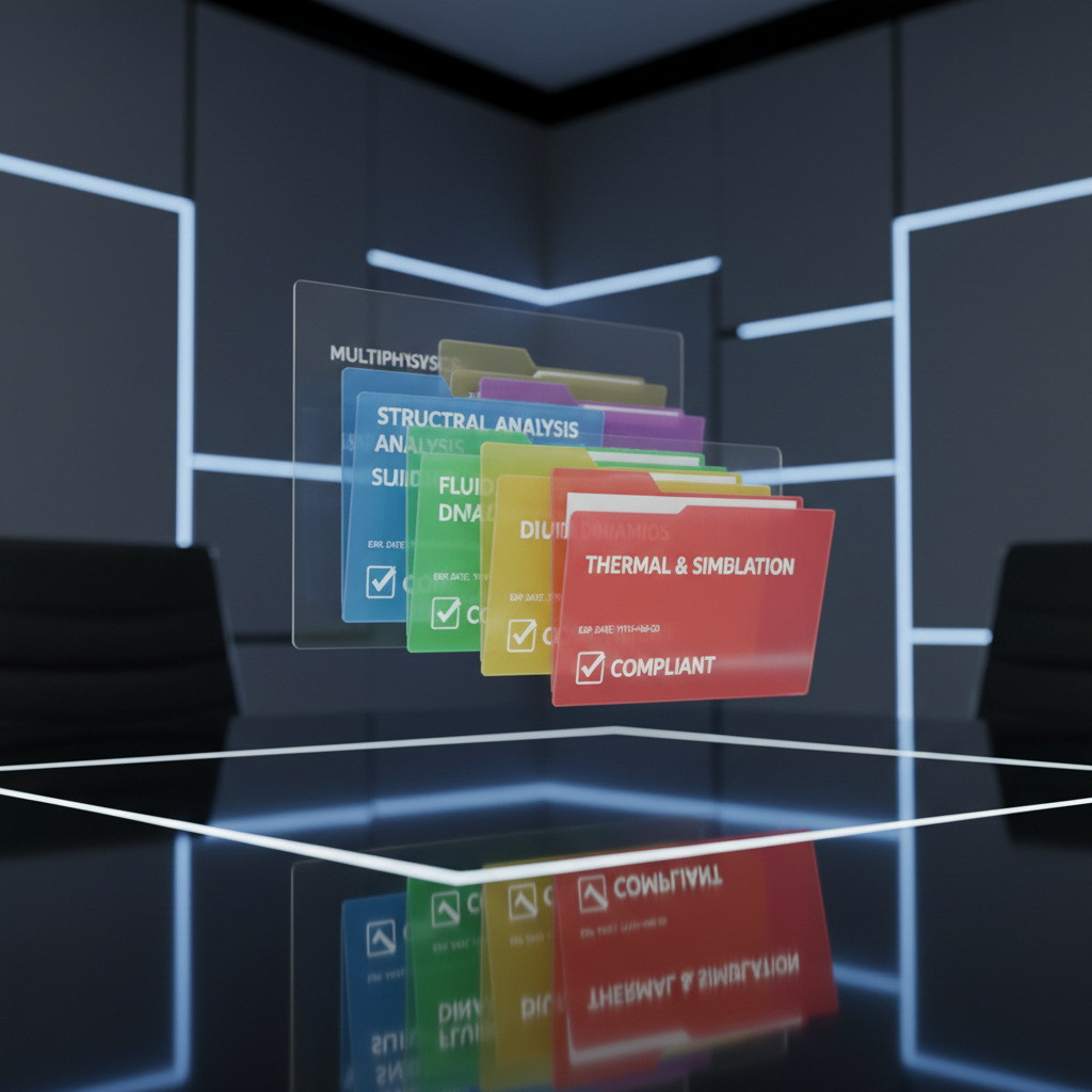 An orderly stack of neatly labeled, color-coded digital folders represented as semi-transparent holographic icons floating above a reflective black glass table, each icon tagged with CAE documentation categories, expiration dates, and green check marks for compliance. The surrounding environment is a dim, high-tech workspace with softly glowing LED strips along the edges of a matte grey wall. Cool, directional side lighting creates precise reflections and delicate highlights on the holographic elements. Photographic realism with a slightly elevated angle and shallow depth of field, focusing on the central cluster of documents. The mood is precise, secure, and meticulously organized, visually conveying efficient online document control and rapid administrative processing.