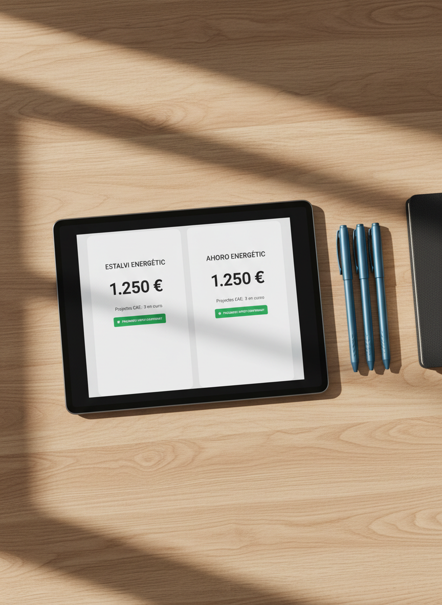 A close-up of a glossy tablet lying flat on a light oak desk, its screen displaying a clean, bilingual interface in Catalan and Spanish that summarizes energy savings in euros, CAE project timelines, and quick-payment confirmation badges. Next to it, a neat arrangement of metallic blue pens and a closed dark grey notebook reinforces an organized work style. Soft, natural afternoon light enters from the left, casting warm, elongated shadows and subtle reflections on the tablet’s bezel. Photographic realism, shot from a top-down angle with sharp detail across the frame. The overall mood is professional yet approachable, highlighting transparency in savings monetization and the simplicity of managing technical documentation online.