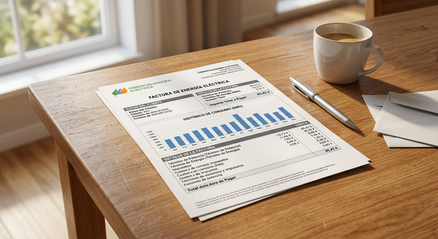 Electricity bill displaying client details, consumption history bar chart, and billing summary in Spanish