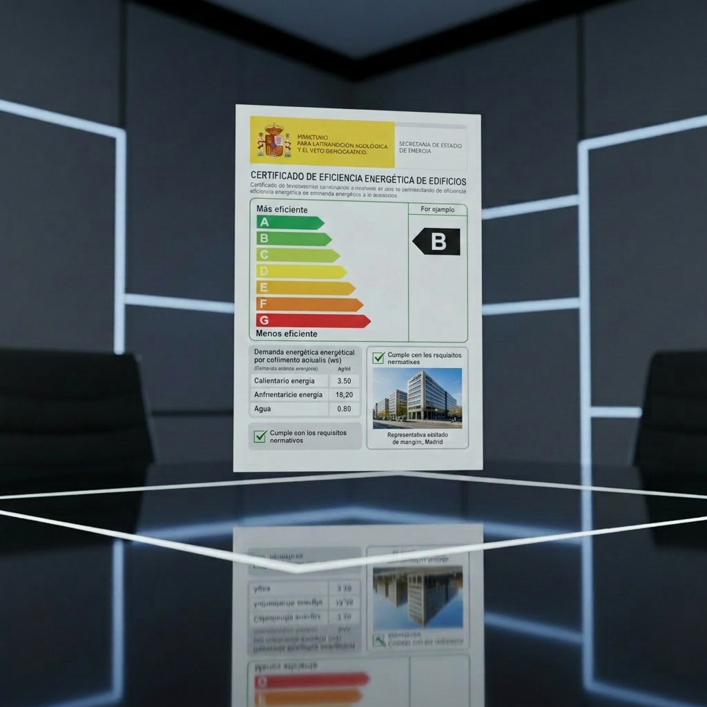 Building energy efficiency certificate with rating scale from A to G and a B rating