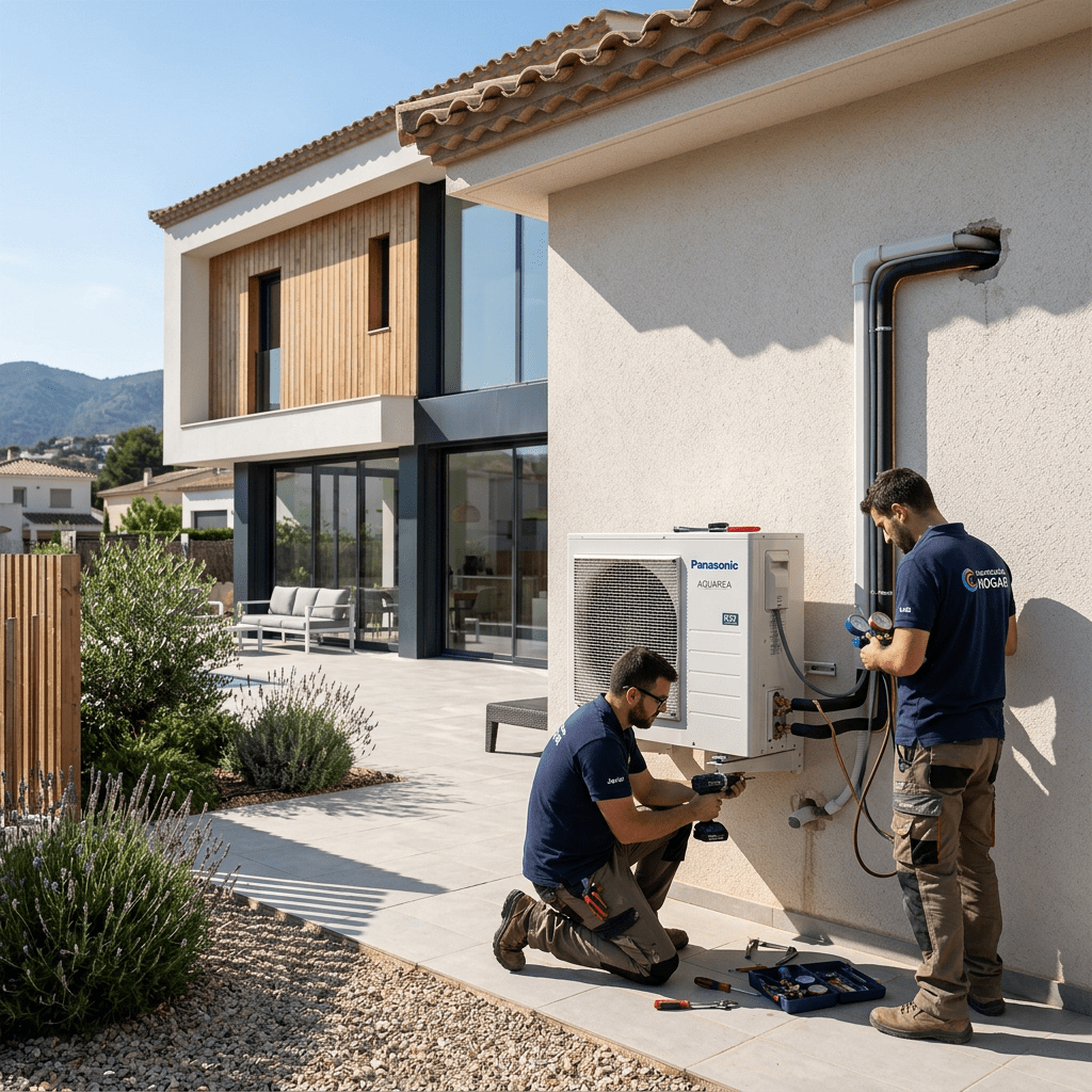 Two technicians installing a Panasonic Aquarea air conditioning unit outside a modern house